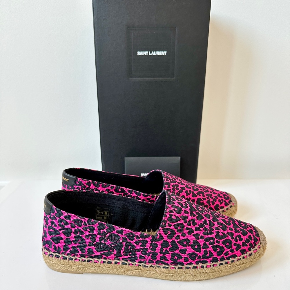 NWT Saint Laurent Signature Canvas Pink Leopard Raffia-Sole Espadrille size 38.5